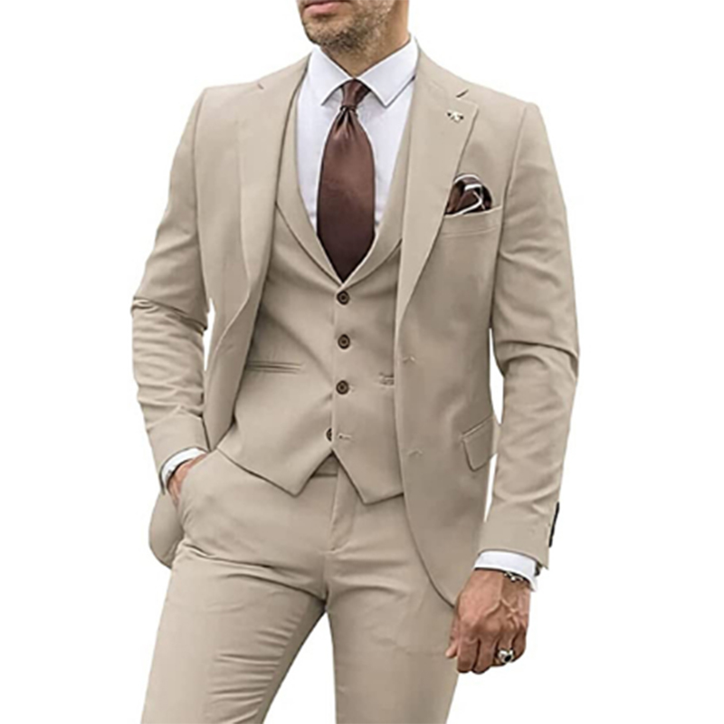 Men Grooming Outfit - 3 Stuks Beige Pakken Voor Mannen