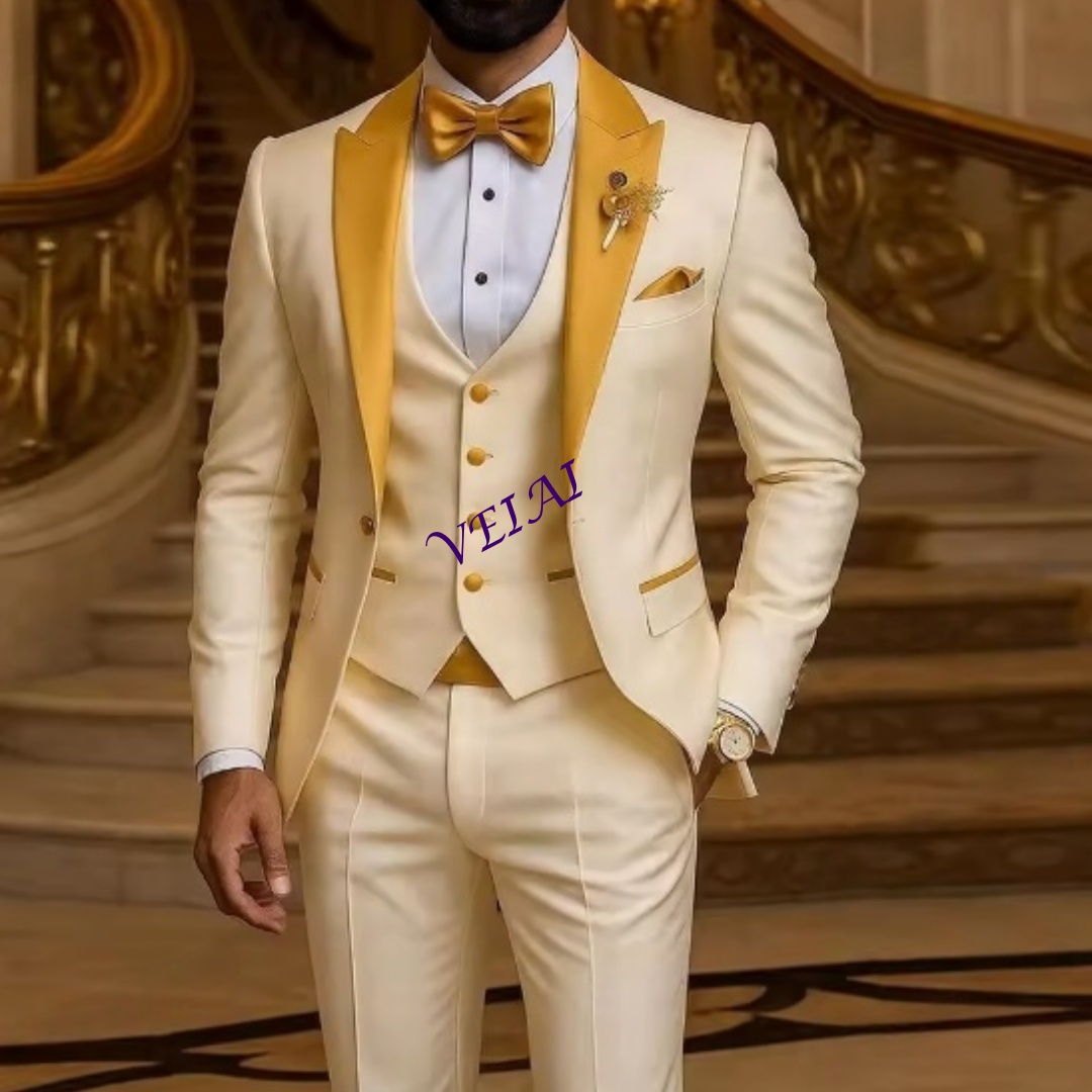 Men Grooming Outfit - Aangepaste Gouden Kraag Ivoor Mannen Pak