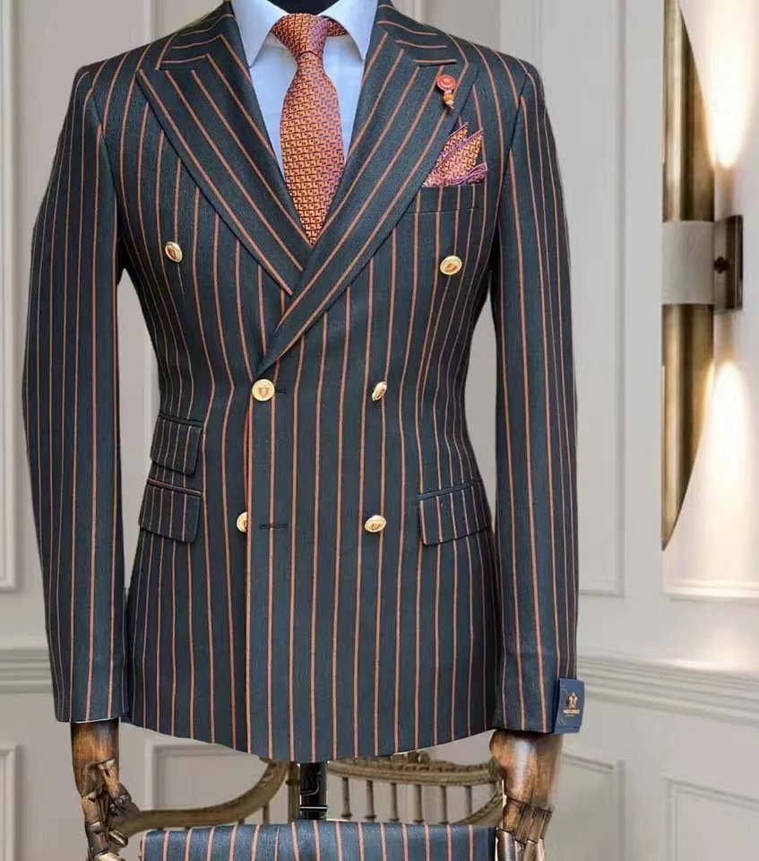 Men Grooming Outfit - Allingentle Herenkostuums Streep Zakelijke Blazer Sets